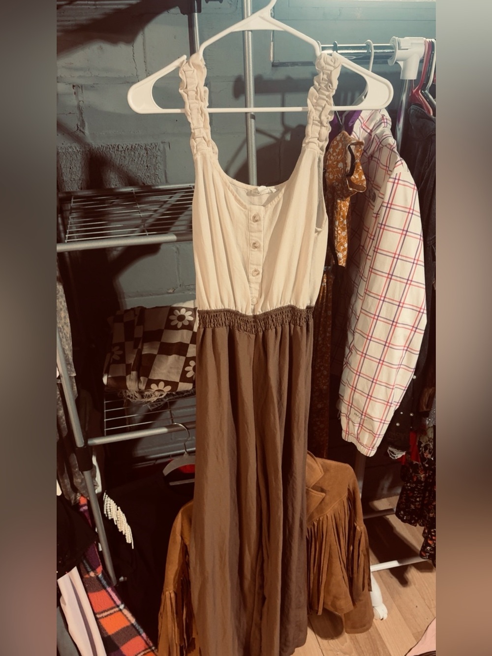 Two-Tone Cream & Brown Sleeveless Jumpsuit